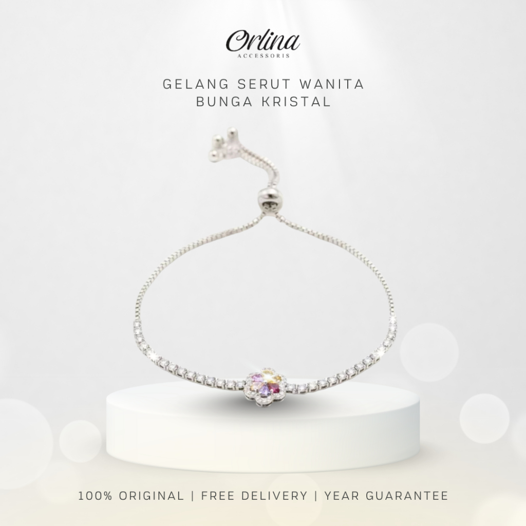 Gelang Perak Berkilau Kristal Cantik Anti Karat Model Serut Bunga Elegan Mewah by Orlina