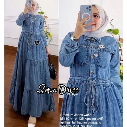 Gamis Jeans Jumbo Saria Dress Jeans Wanita Jumbo Ld 110 Terbaru/Baju Gamis Jeans Susun Tali Serut Bu