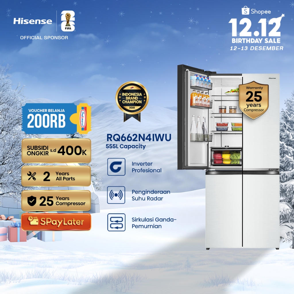 Hisense Kulkas RQ662N4IWU Refrigerator 4 Pintu Kapasitas 555L Warna Putih Inverter Pro 360 Derajat M