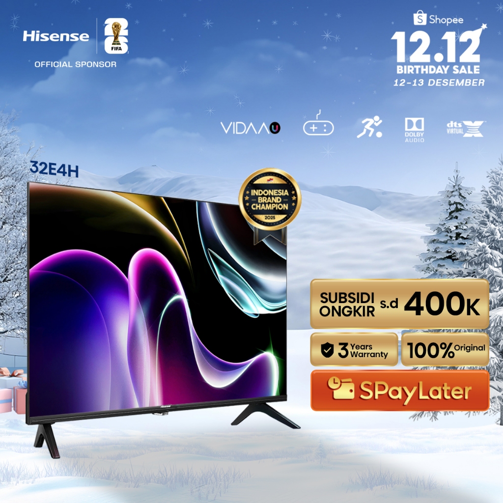 Hisense TV 32E4H Vidaa Smart Digital TV 32 inch HD Desain Bazelles DTS V X & Dolby Audio Youtube/Net