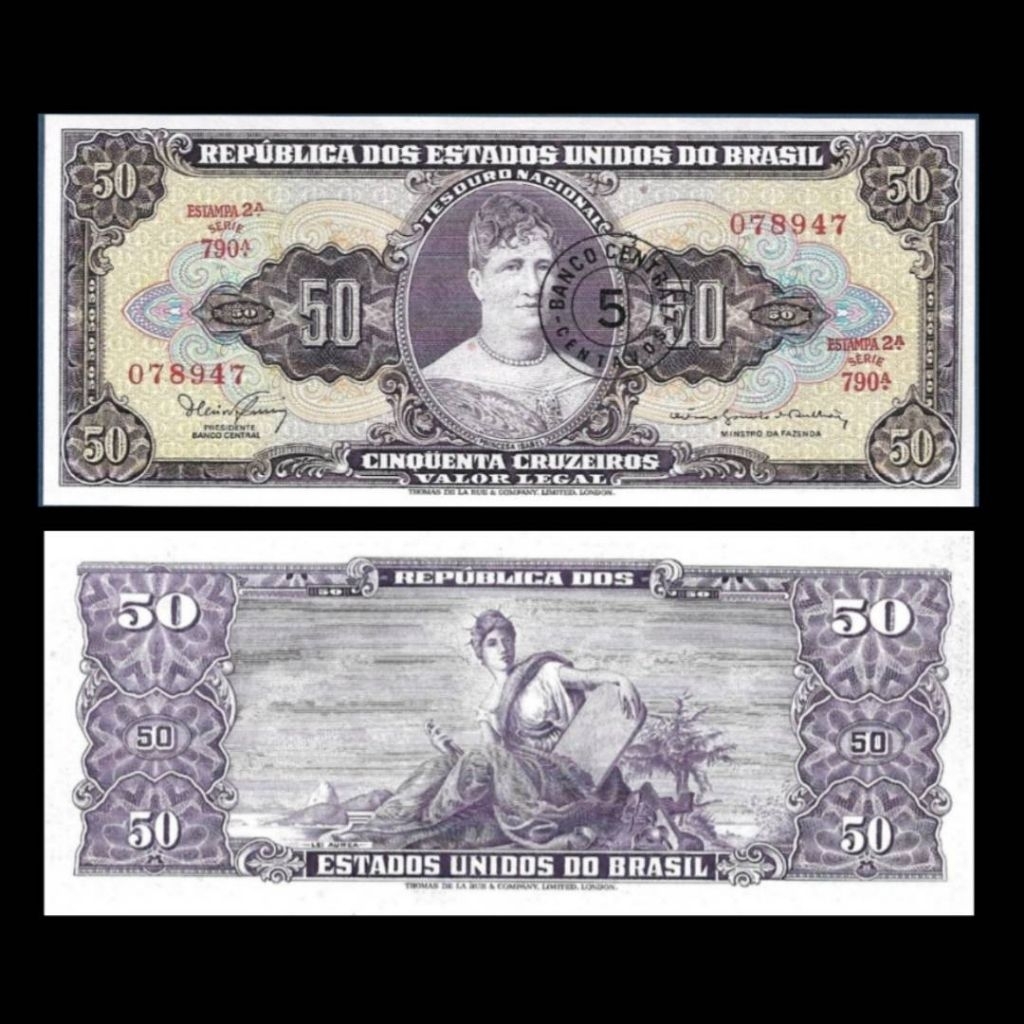 UANG BRAZIL 50 CRUZEIROS ON 5 CENTAVOS 1966/67 UNC ORIGINAL BANKNOTE