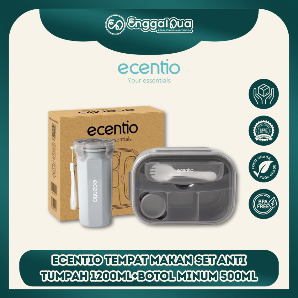ecentio anti-spill lunch box spoon lunch box sauce box 1200ml+500ml BPA FREE- SET Lunch Box + Botol 
