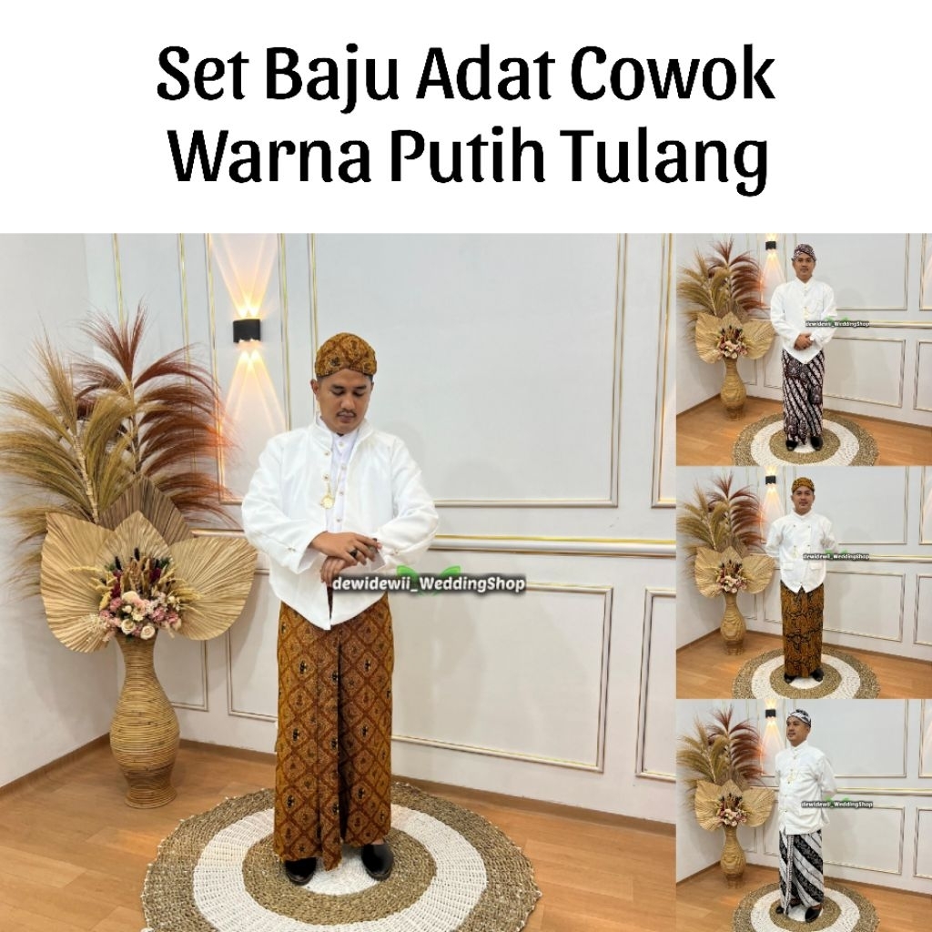 (1set, Cowok) Pakaian Adat Jawa / Beskap + Jarik + Blangkon + Free Benggol | Nuansa- Putih Tulang