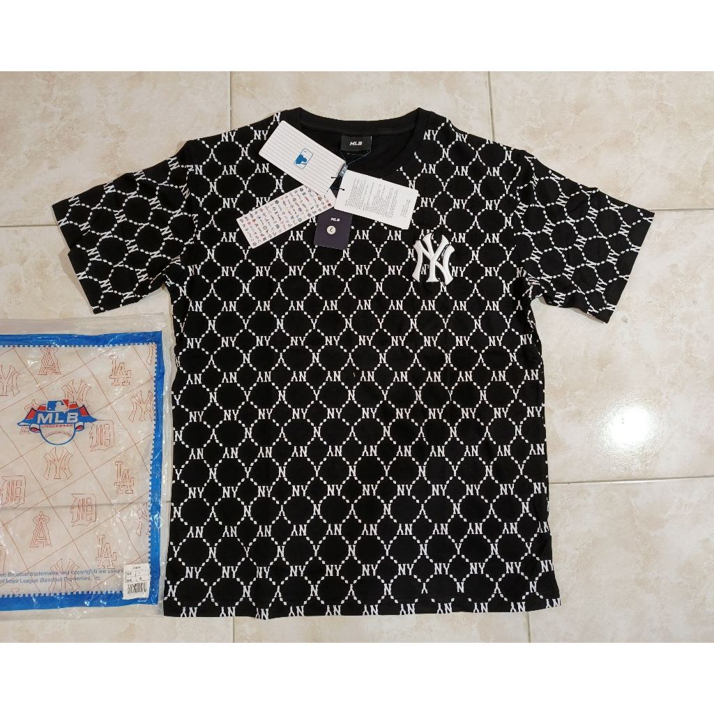 KAOS MLB MONOGRAM FULL PRINT NY BORDIR T-SHIRT BLACK DEWASA ORIGINAL