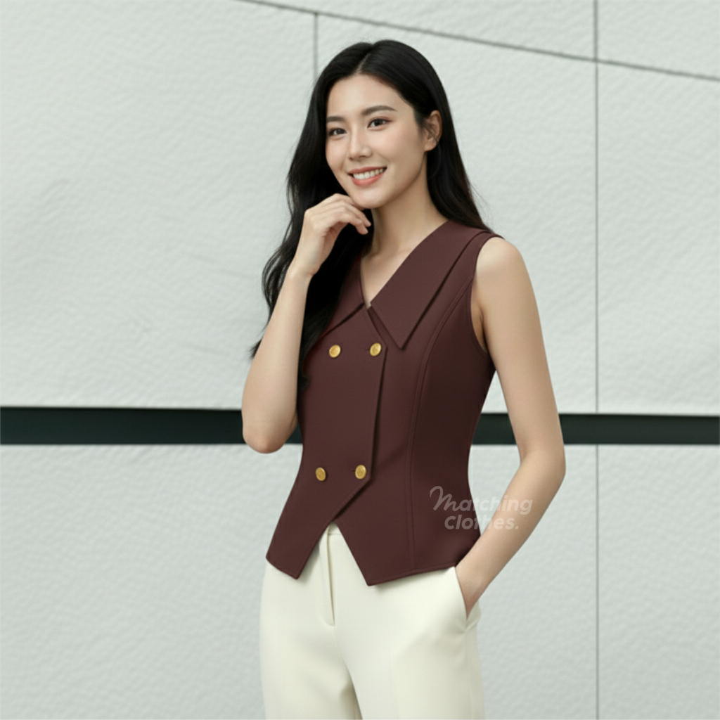 Matching Clothes - Vest Outer Wanita Double Breast Tanpa Lengan Rompi Jas Wanita Kekinian
