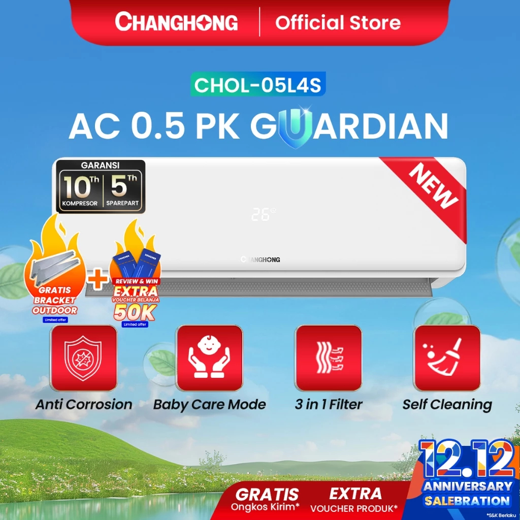 [FREE BRACKET OUTDOOR] NEW PRODUCT CHANGHONG AC 1/2 PK GUARDIAN SERIES STANDARD CHOL-05L4S [INDOOR +