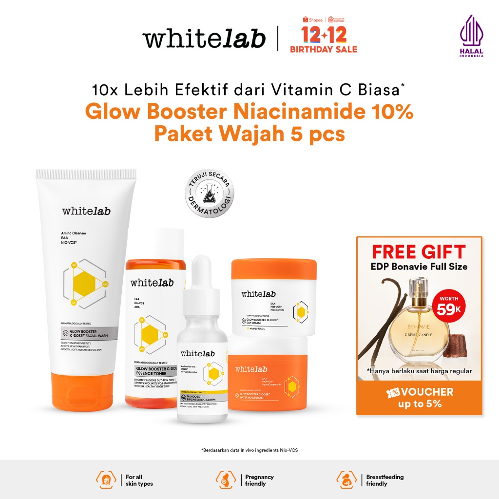 Whitelab 5 pcs Glow Booster C-Dose+ Brightening Paket Wajah - Facial Wash, Toner, Serum, with Day Cr