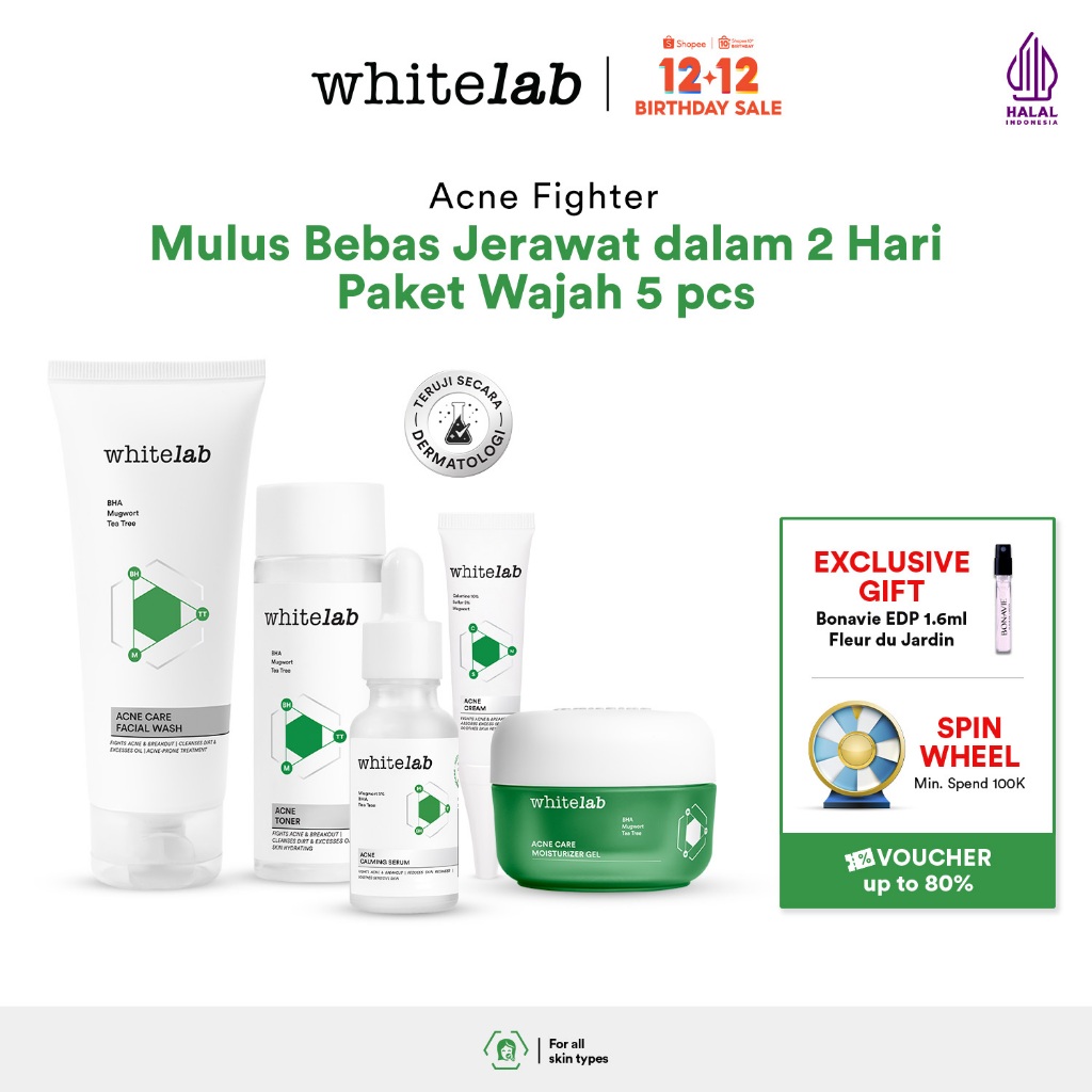 Whitelab 5 pcs Paket Acne Lengkap - Facial Wash, Toner, Serum, Moisturizer, Acne Cream Paket Skincar