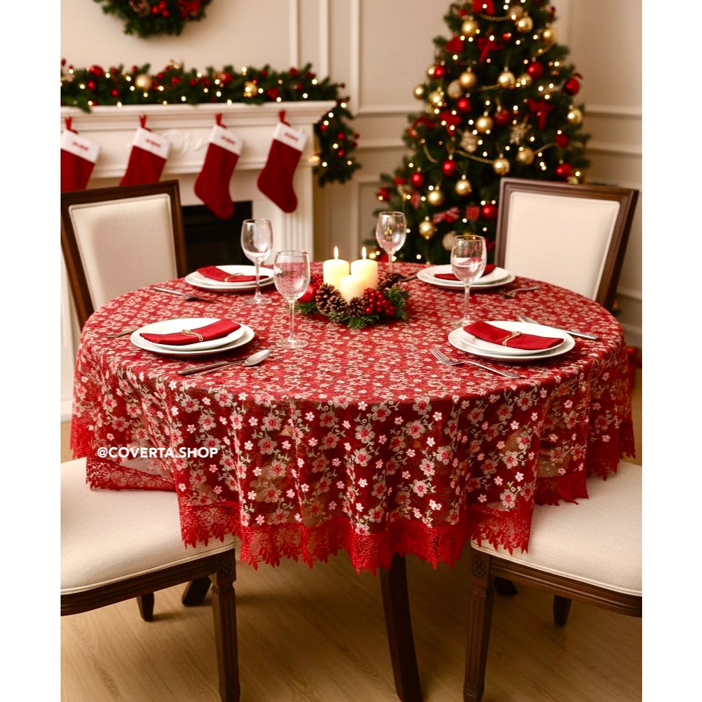 Taplak Meja Makan Renda Bordir | Taplak Meja Kain Bulat Premium 4-6 Kursi