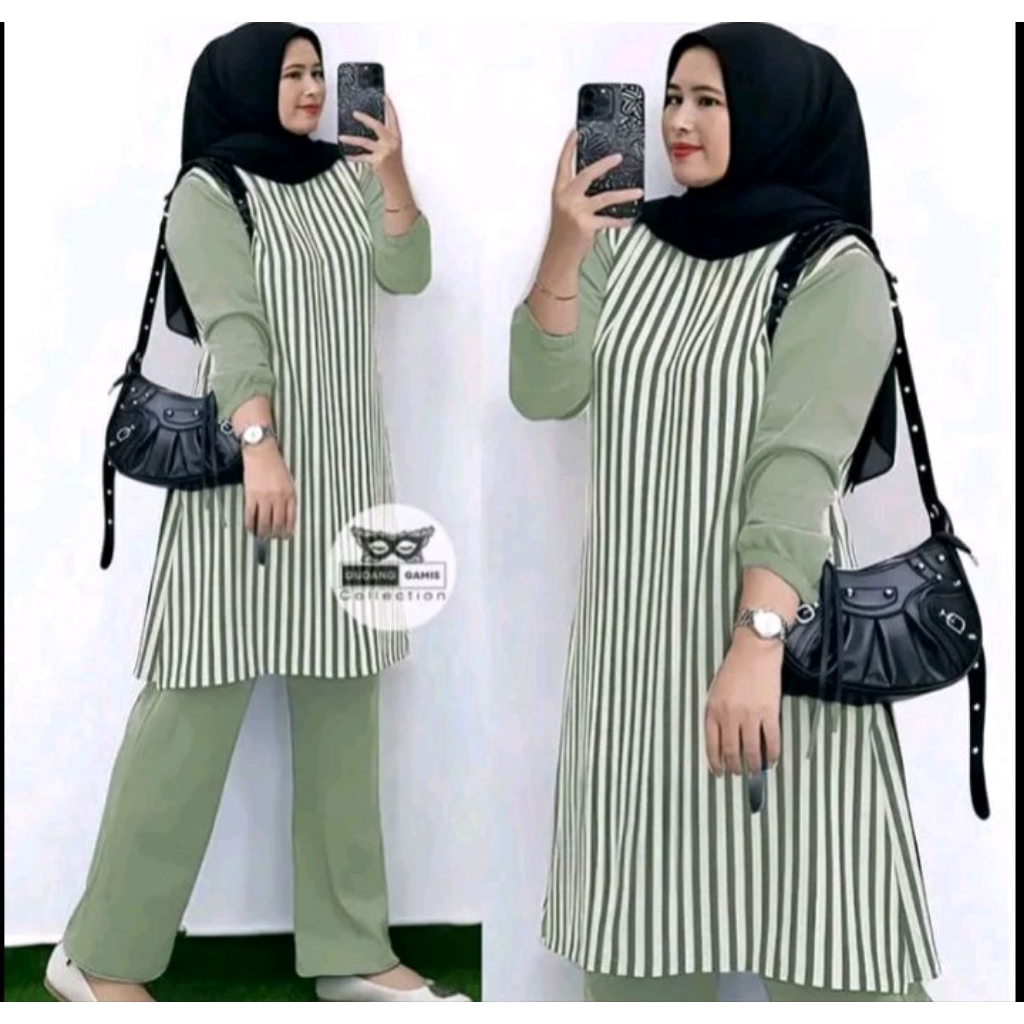 Viola Long Tunik Setelan Wanita Muslim Motif Salur Setelan Wanita Kekinian Katun Micro One Set Tunik