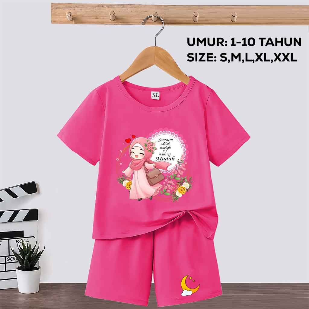 Setelan Anak Muslimah Umur 1-10 Tahun Motif Senyum Adalah Sedekah Paling Mudah Baju Anak Perempuan