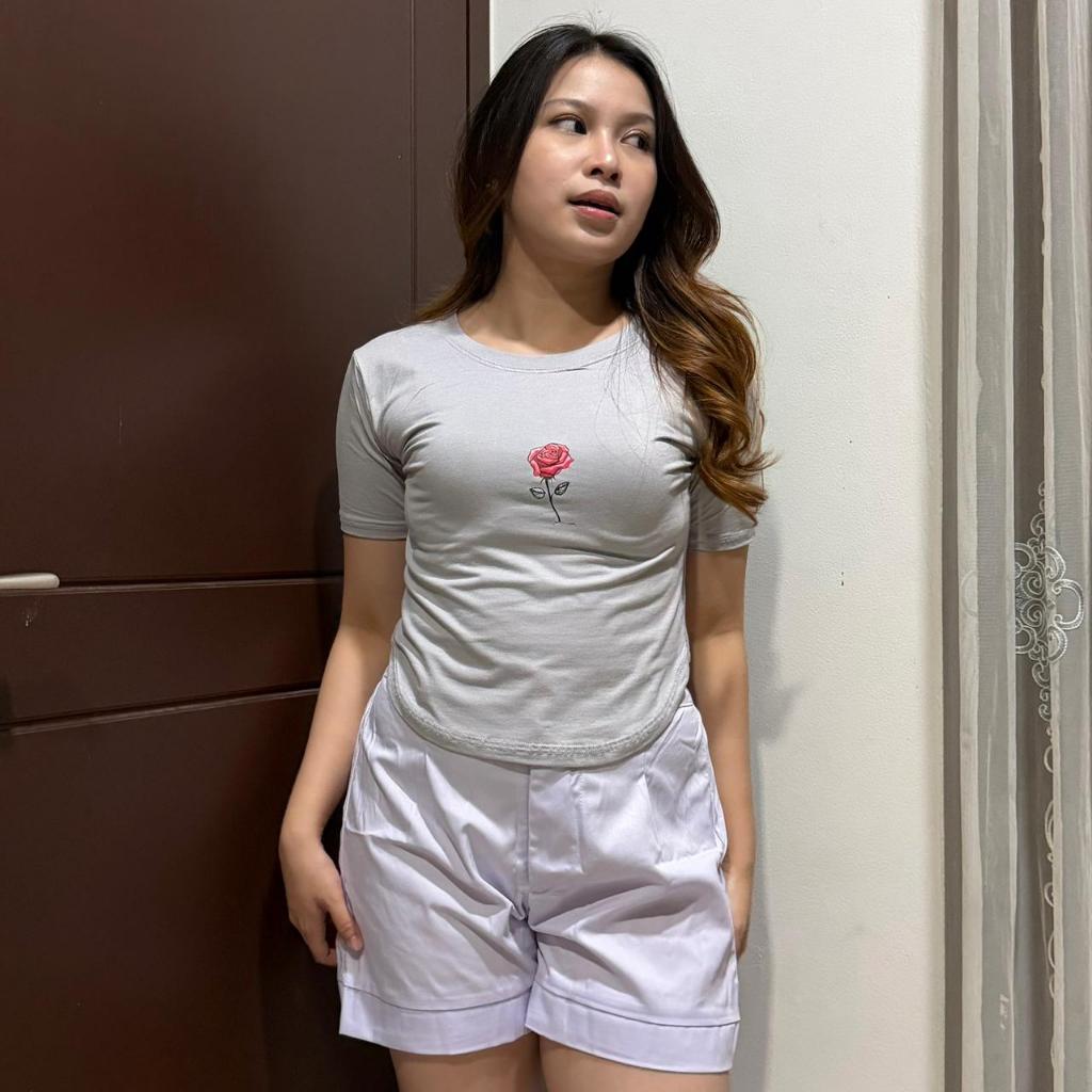 ZEEROKS Kaos Wanita Lengan Pendek Crop Mawar Tengah Bahan Cotton Spandek Kaos Cewek Terbaru