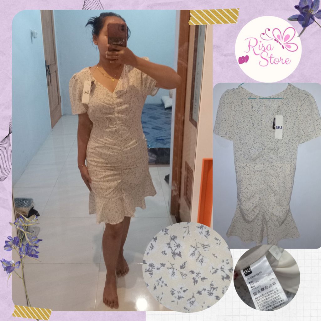 Risa Store - Dress Kerut Floral Cream GU // Baju Murah // Baju Preloved // Dress Kerut // Dress Prem