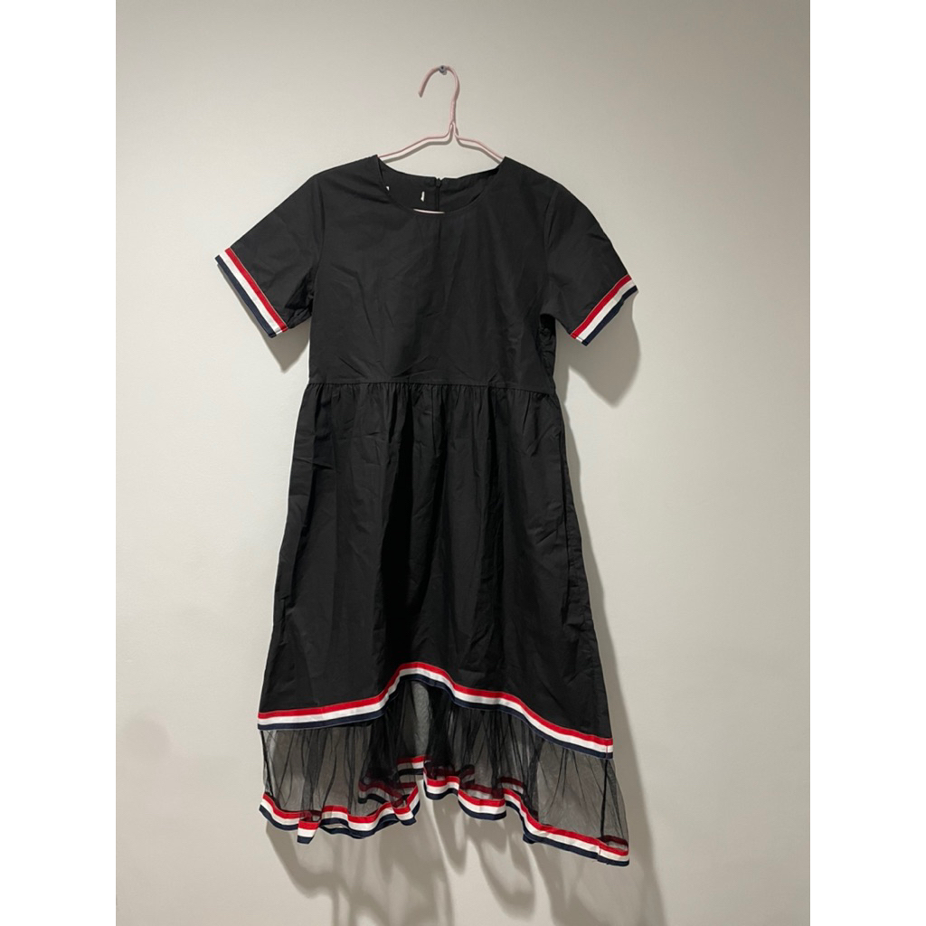 Dress Wanita Remaja Anak Lengan Pendek Polos Hitam Motif Garis Korean Style Pesta Kondangan Formal C