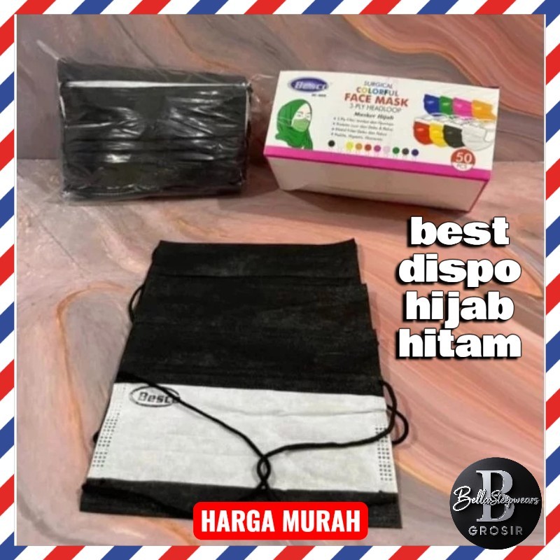 BELLA | BOX ISI 50 - MASKER 3PLY DISPO HIJAB HITAM PMI BESCO | DISPOSABLE NON WOVEN EARLOOP HIJAB LI