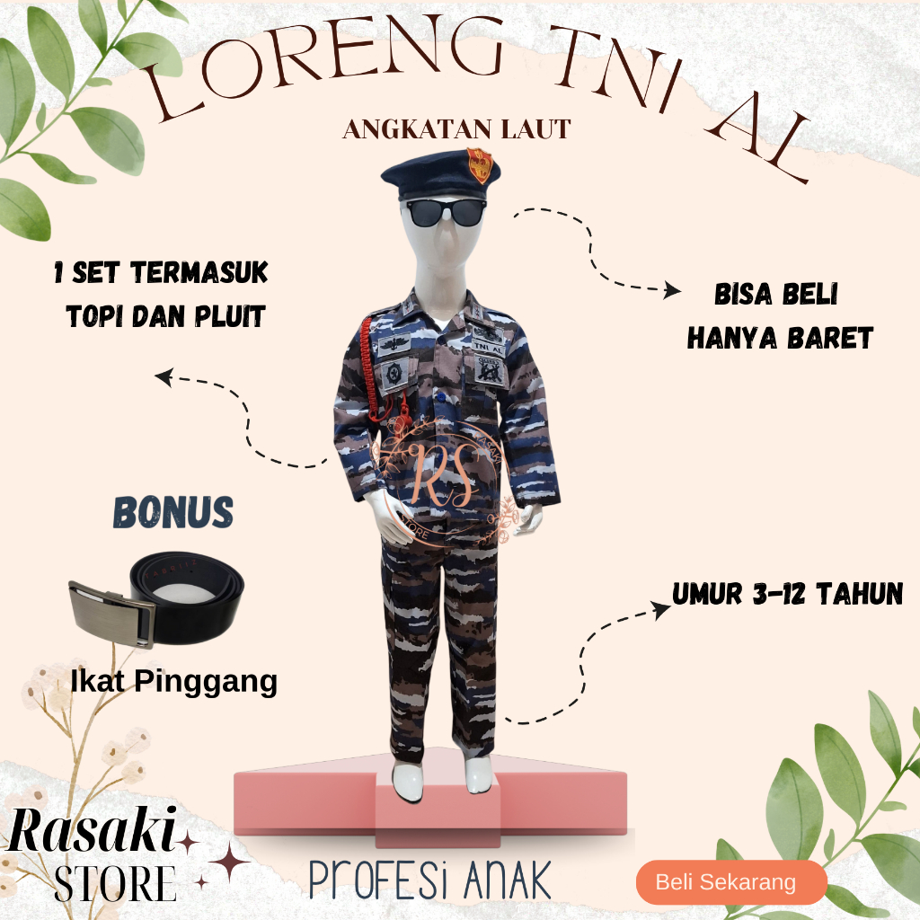 SERAGAM BAJU KOSTUM PROFESI TNI ANGKATAN LAUT ANAK Baju Pdl Layar KRI TNI AL Balotelli Loreng TNI AL