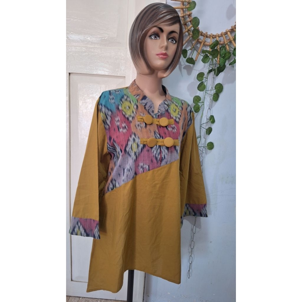 baju atasan batik motif etnik kuning kunyit kombinasi pink size dewasa