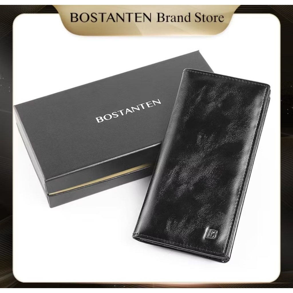 BOSTANTEN Dompet Lipat Panjang Pria Slot Kartu Kulit PU Warna Hitam/Kopi