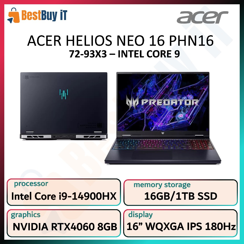 ACER Predator Helios Neo 16 PHN16 72 Core i9 14900HX 16GB 1TB RTX4060 8GB 16" WQXGA W11+OHS