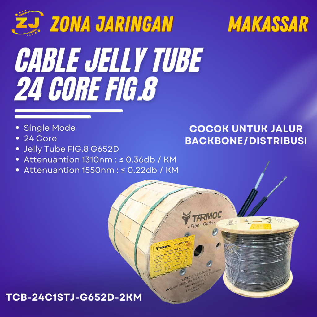 Tarmoc TCB-24C1STJ-G652D-2KM | Fiber Optic Cable G652D Fig-8 Jelly Tube 24 Core 2000m  Kabel FO 24C 