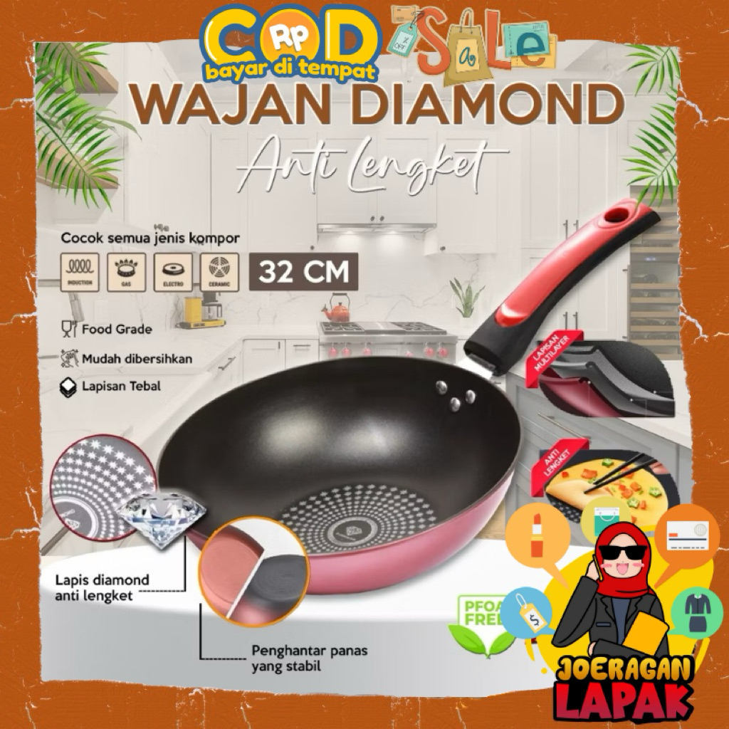 [JOERAGAN LAPAK] WAJAN GAGANG DIAMOND 32CM PENGGORENGAN ANTI LENGKET TIDAK BAU BATU PANCI MARBLE COA