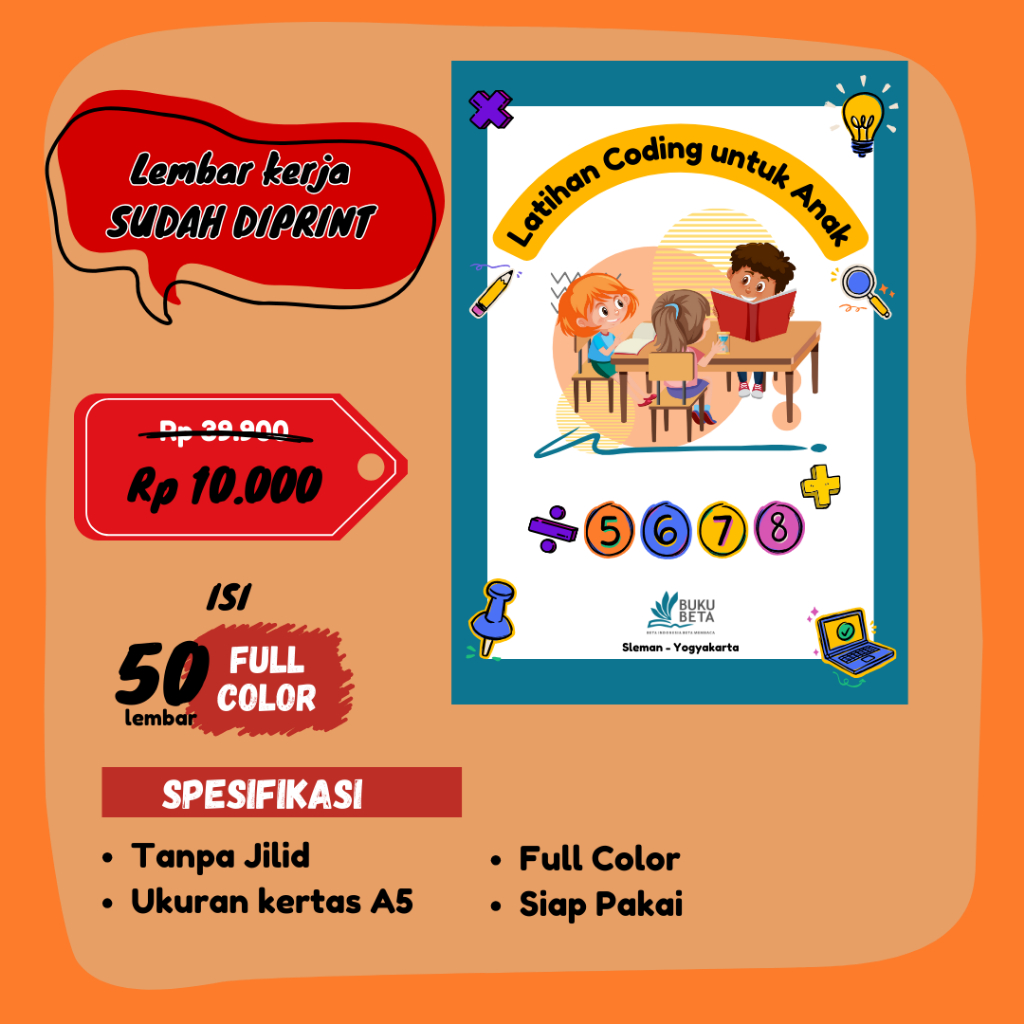 Worksheet Coding Anak Usia Dini TK SD Full Color 50 Lembar Sudah Diprint A5