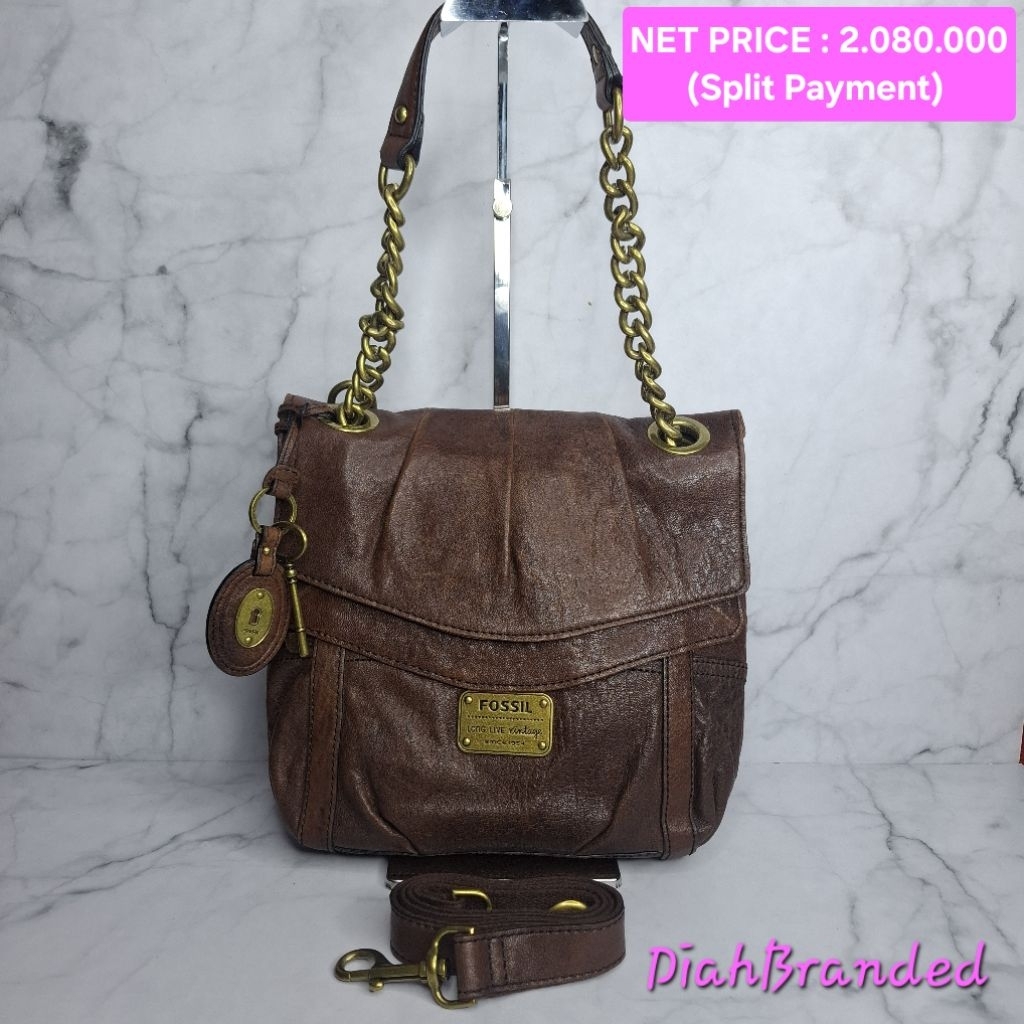 F064 - PRELOVED TAS FOSSIL GINGER FLAP SHOULDER SLING ESPRESSO FULLSET