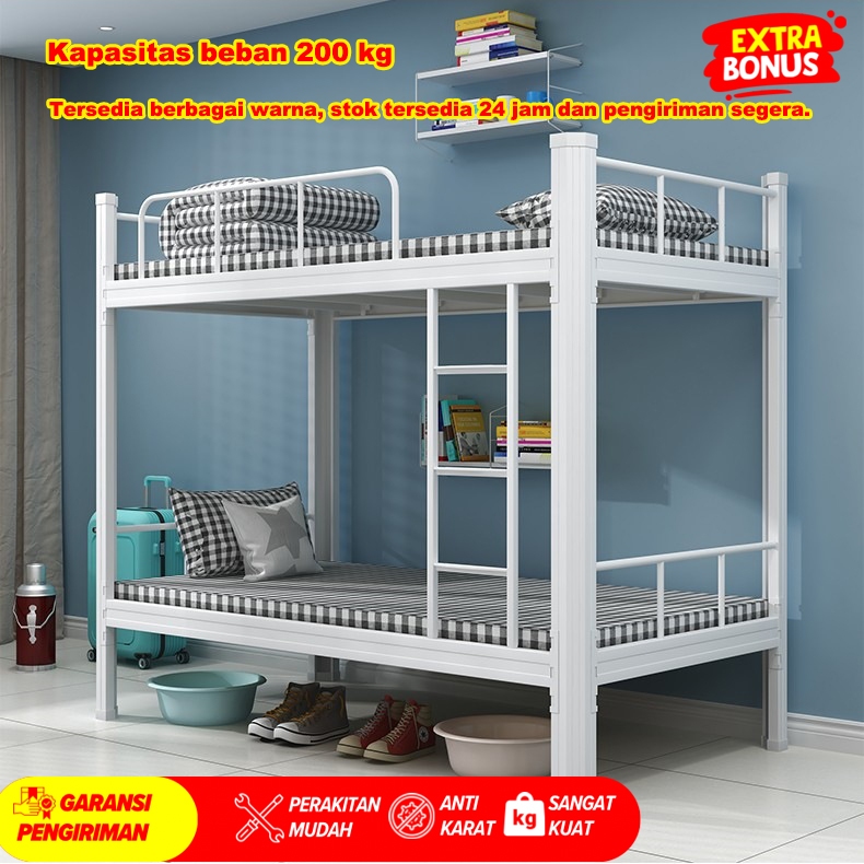 Tempat tidur besi tingkat atas, lemari besi tingkat bawah + rak buku + meja, tempat tidur tingkat