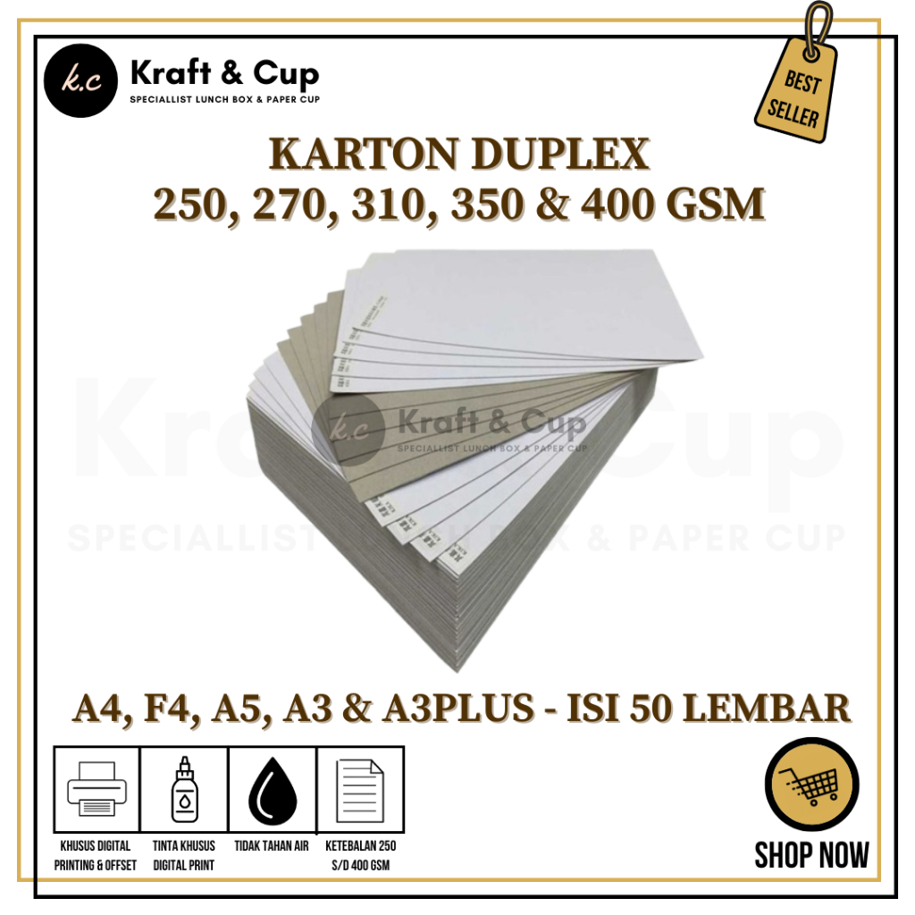 [50 LBR] Karton Duplex 250, 270, 310, 350 & 400 GSM ukuran A4, F4, A5 A3 & A3Plus