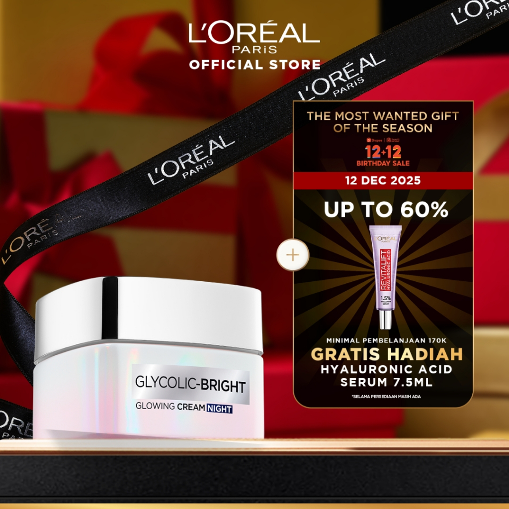 L'Oreal Paris Glycolic Bright Glowing Night Cream - 15/30ml (Skin Brightening Krim Malam  Pelembab L