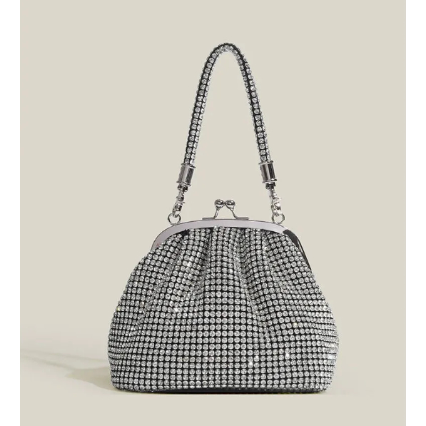 Tas Clutch Pesta Wanita Gaya Prancis Berkilau Berlian Tas Selempang Tangan Klip Dumpling Dompet Keci