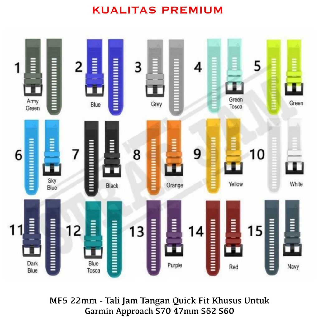 MF5 22mm Strap Garmin Approach S70 47mm S62 S60 - Tali Jam Watch Quick Fit Black Buckle