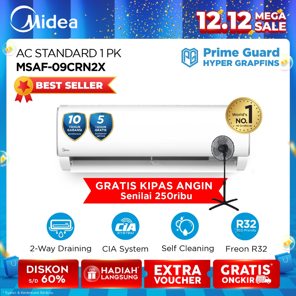 Midea AC Standard 1 PK R32 Series MSAF-09CRN2X Prime Guard Hyper Graphins Cepat Dingin (Unit Indoor 