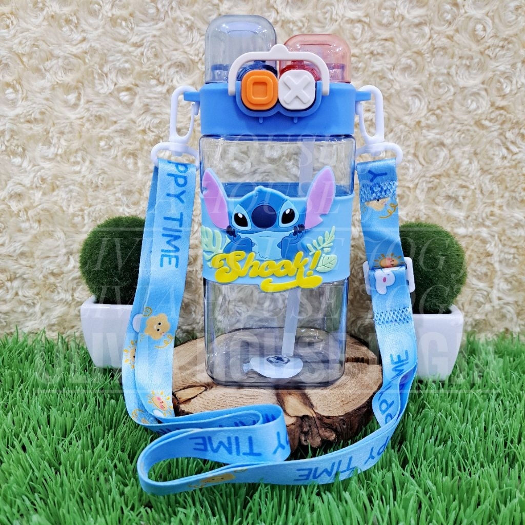 Botol Minum Stitch Kotak Biru Botol Stitch Sedotan Tali Tumbler Stitch 2 Lubang