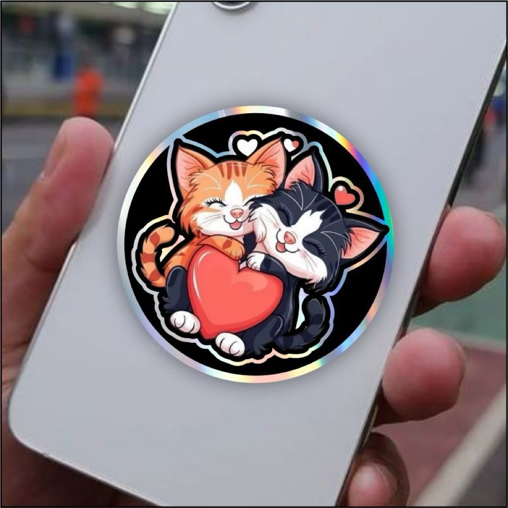 stiker kucing, kucing love, stiker hologram bertestur timbul, stiker hp