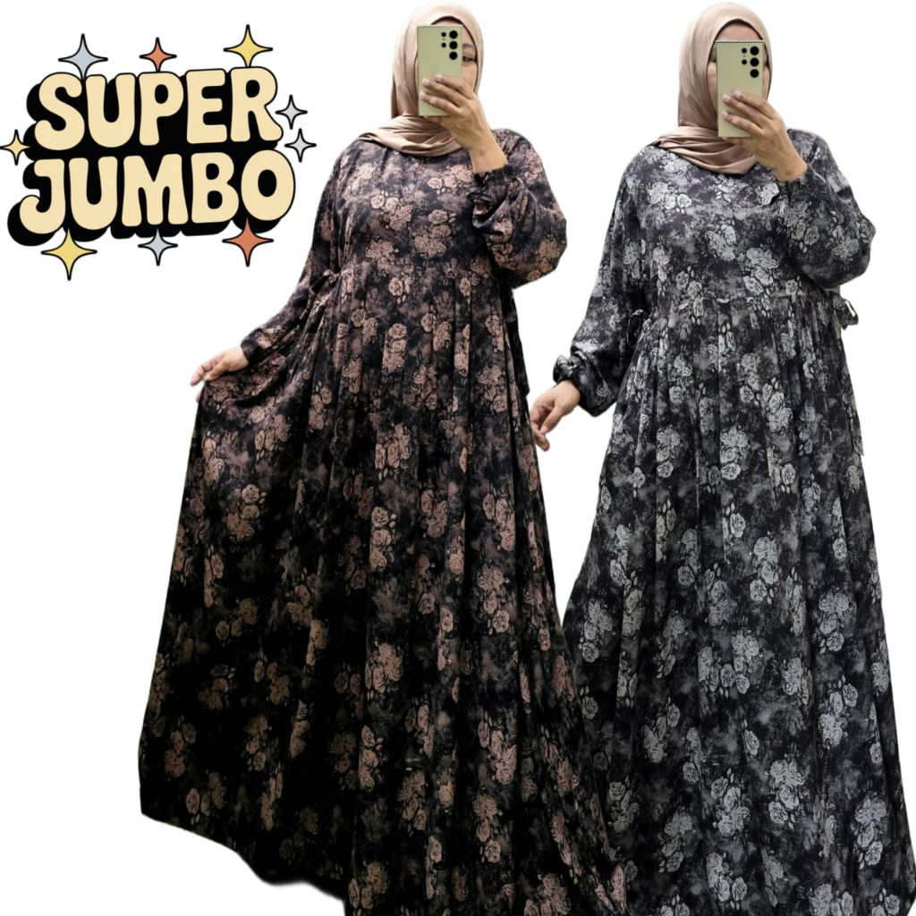 ZEBA | Lestari Gamis Viscouse Discharge Jumbo LD140 LD150 Dress Hitam Motif Bunga Muslim BB100-150kg