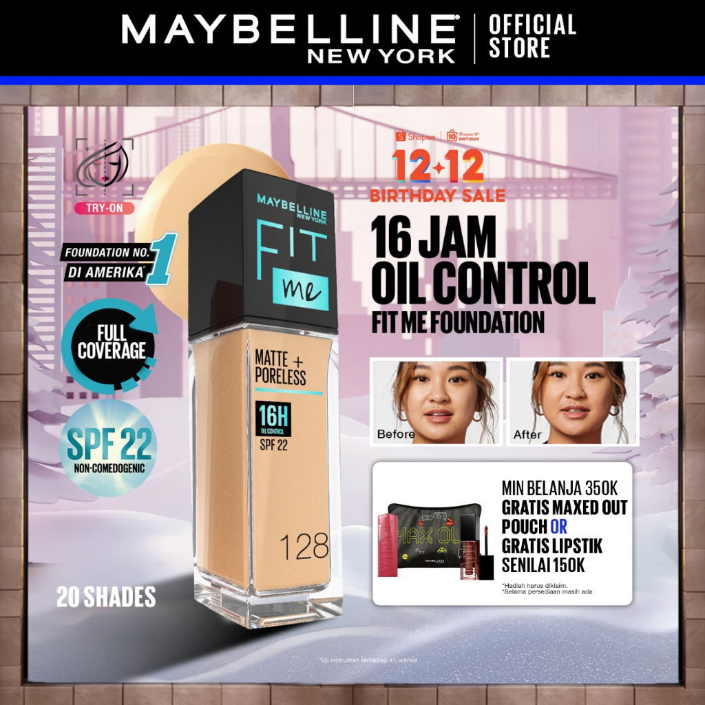 MAYBELLINE OFFICIAL Fit Me Matte + Poreless Liquid Foundation Make Up 30ml SPF 22 Makeup Ringan High