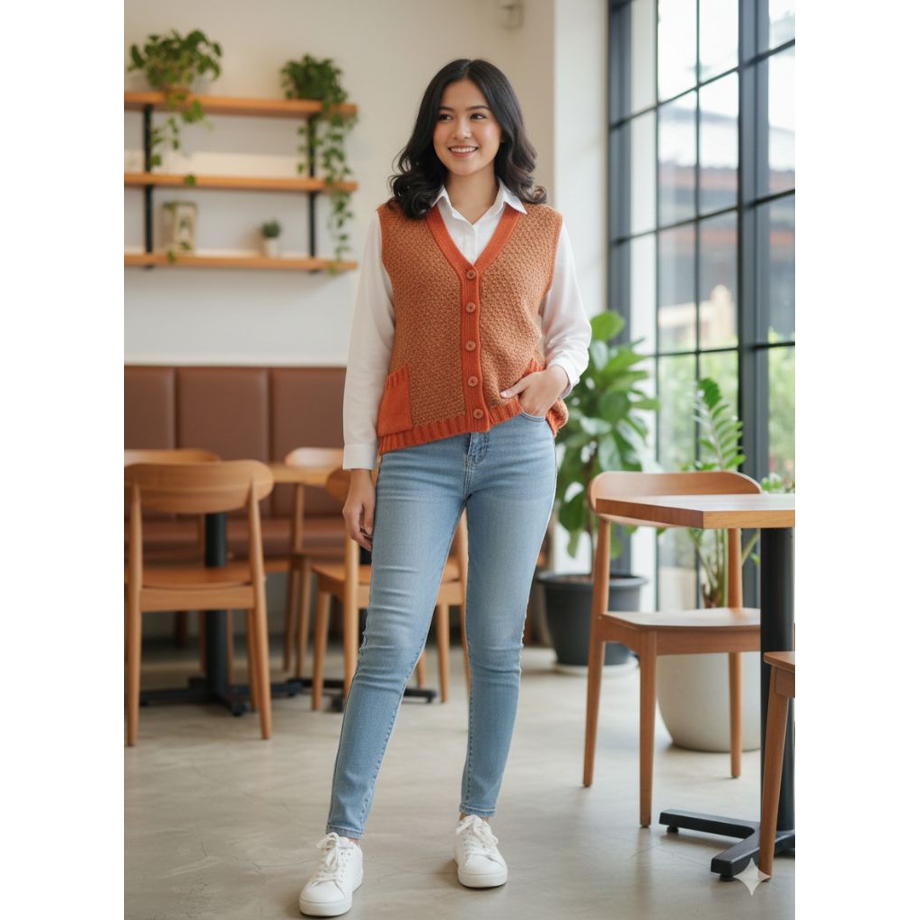 Vest Kancing Lucu Warna Teracota Rajut Rompi Korea LD 120 PJ 55