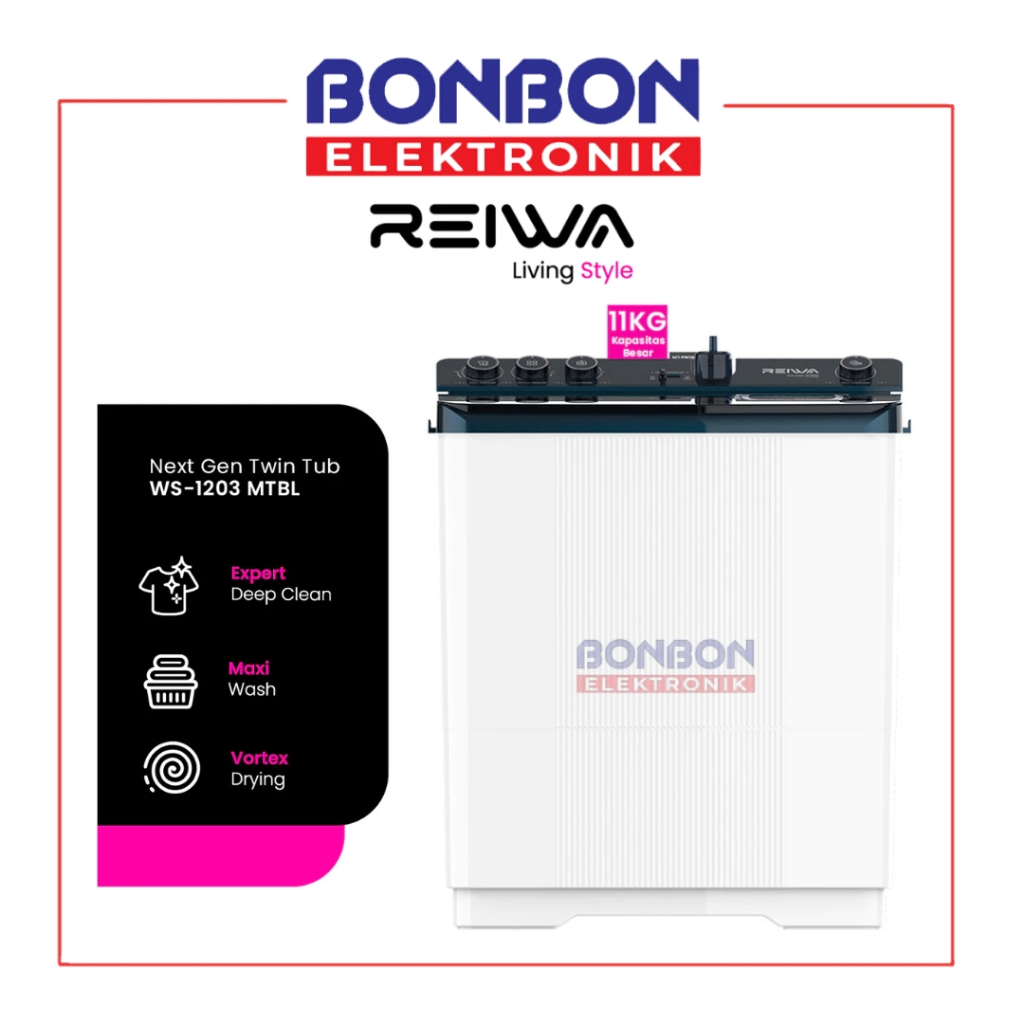 Reiwa Mesin Cuci 2 Tabung 11Kg WS-1203MTBL / WS 1203 MTBL / WS 1203 Midnight Blue - Vortex Drying - 
