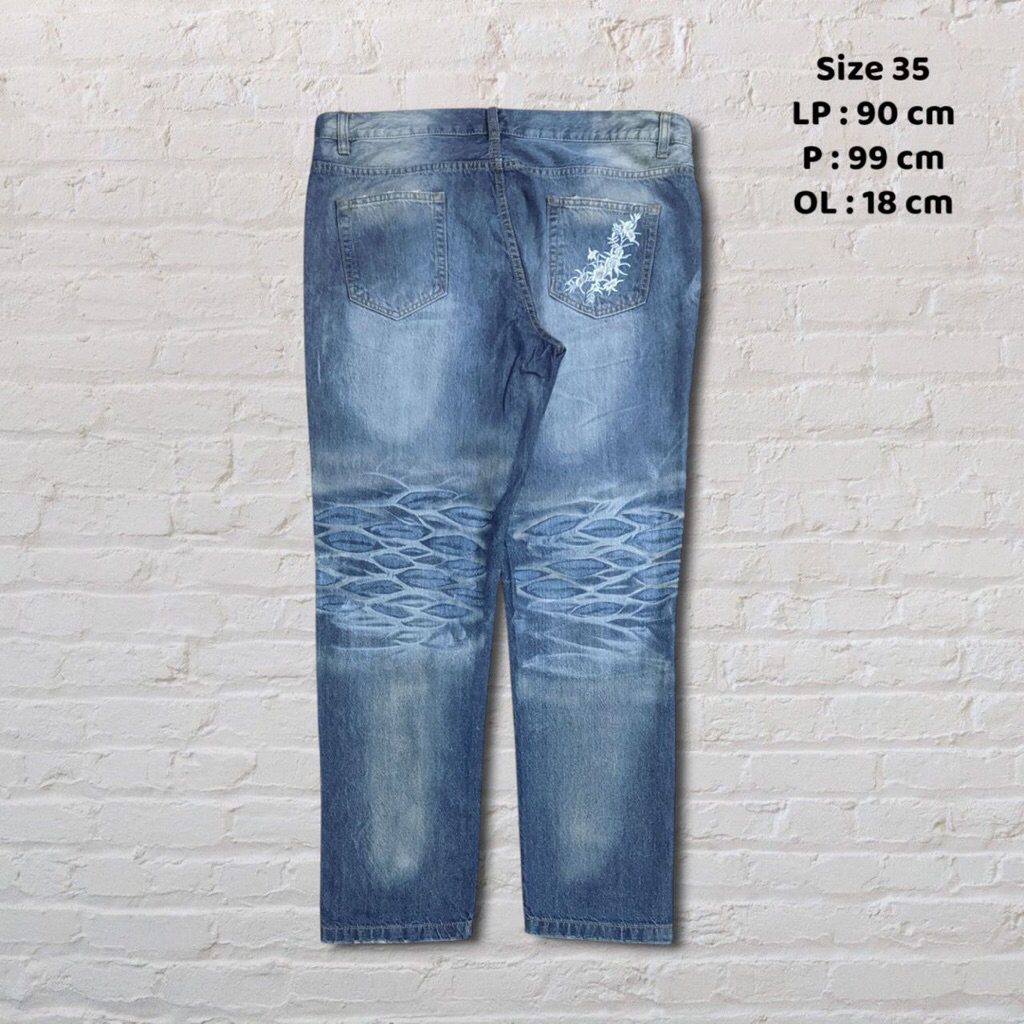Size 35 Celana Panjang Longpants Jeans Blue Washed Fading Floral Slim Fit Original Second Preloved #