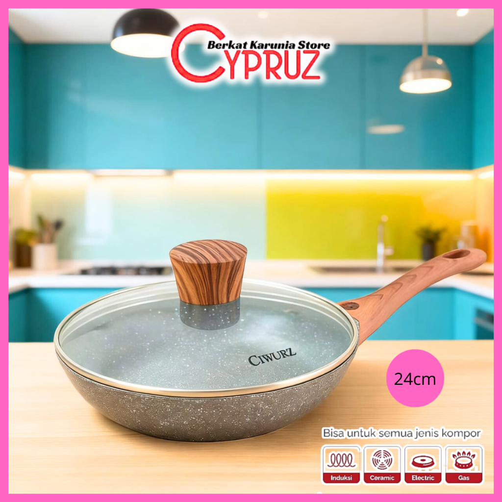 Cypruz fry pan marble 24 cm wajan penggorengan teflon anti lengket dengan tutup FP 0632