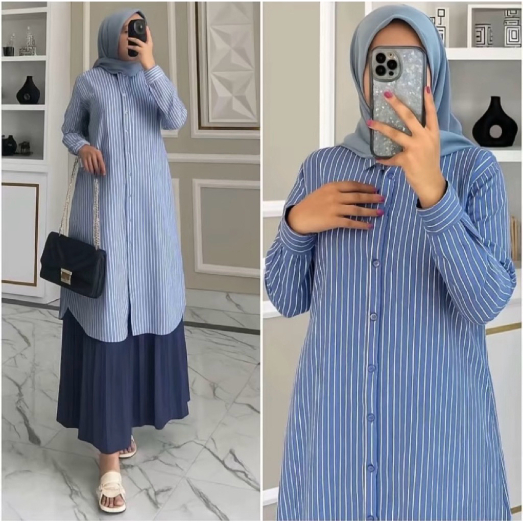 Poplin Long Tunik Strip | Atasan Tunik Panjang Remaja / Remaja Dewasa Tunik Poplin Katun Motif Salur