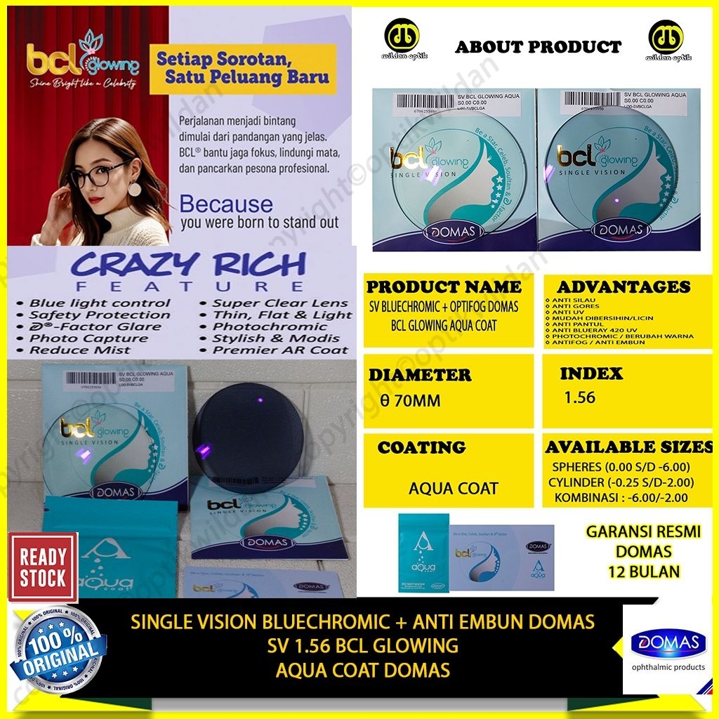 DOMAS SINGLE VISION BCL GLOWING BLUECHROMIC + ANTIFOG AQUA COAT ORIGINAL