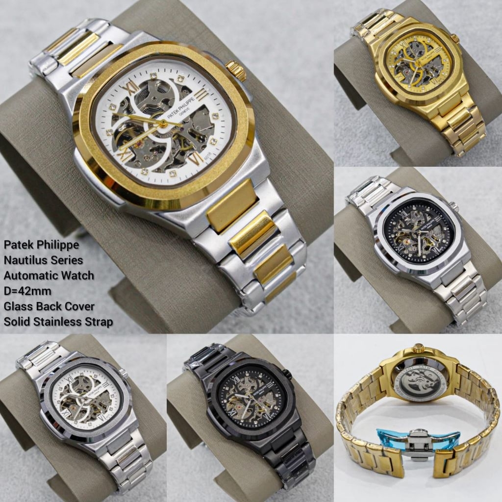 Patek Philippe Nautilus Series Jam Tangan Otomatis Tali Stainless Steel Kaca Belakang Cover Kancing 