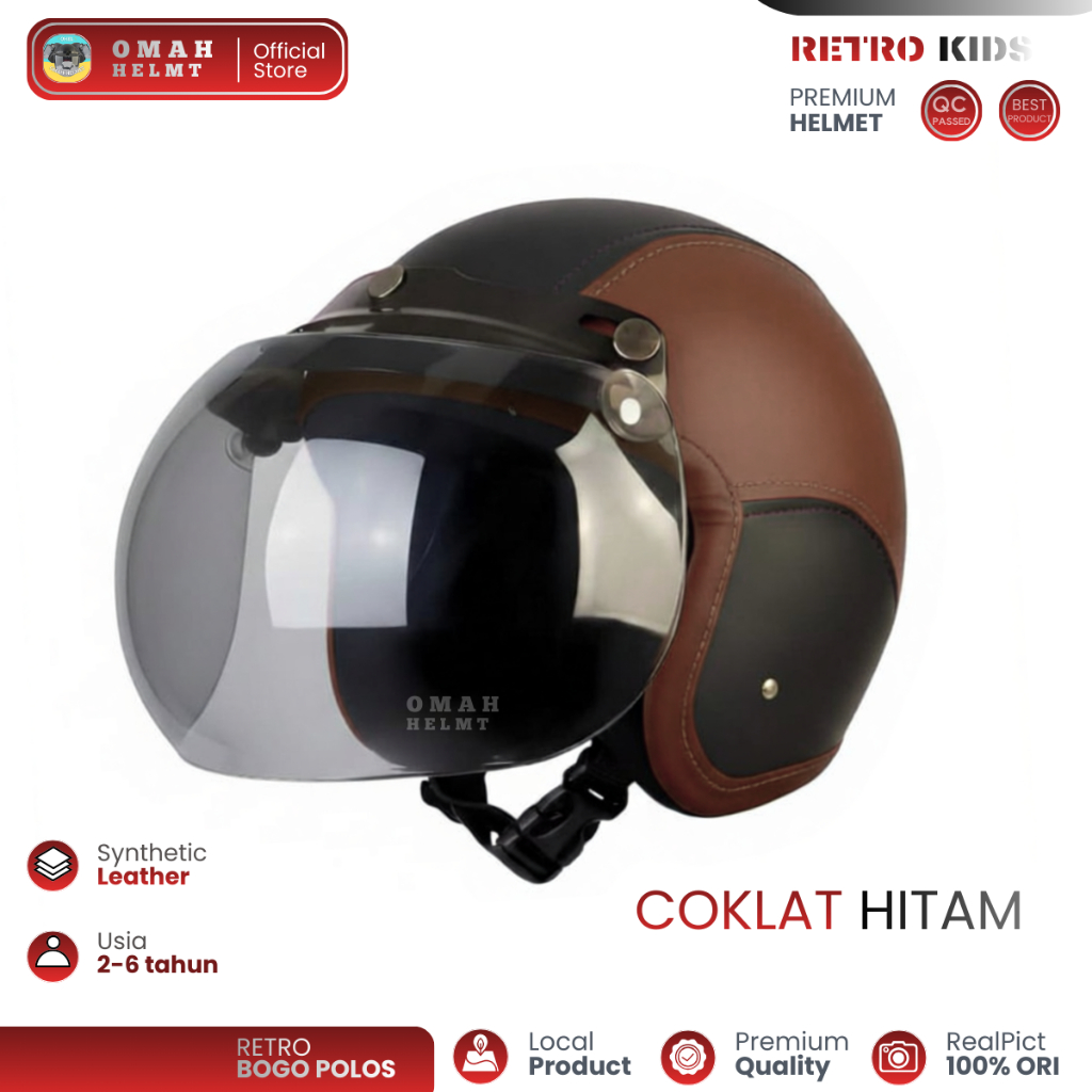HELM ANAK USIA 2-6 TAHUN POLOS COKLAT HITAM KACAMATA, KACA CEMBUNG, KACA FLAT