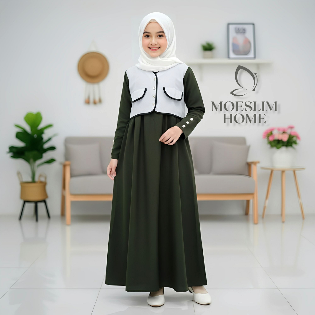 Baju Gamis Anak Perempuan Terbaru Hanifah Dress Remaja 8-16 Tahun With Vest Rompi Korean style