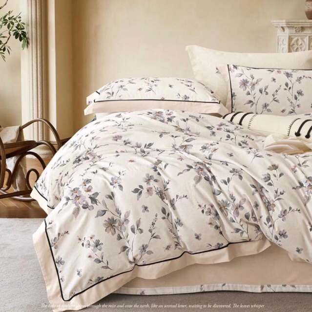 BIOSIBEDDING Sprei Katun Jepang Motif Bunga Kekinian Motif Bunga Biru Orange Kuning - Sprei Grosir M