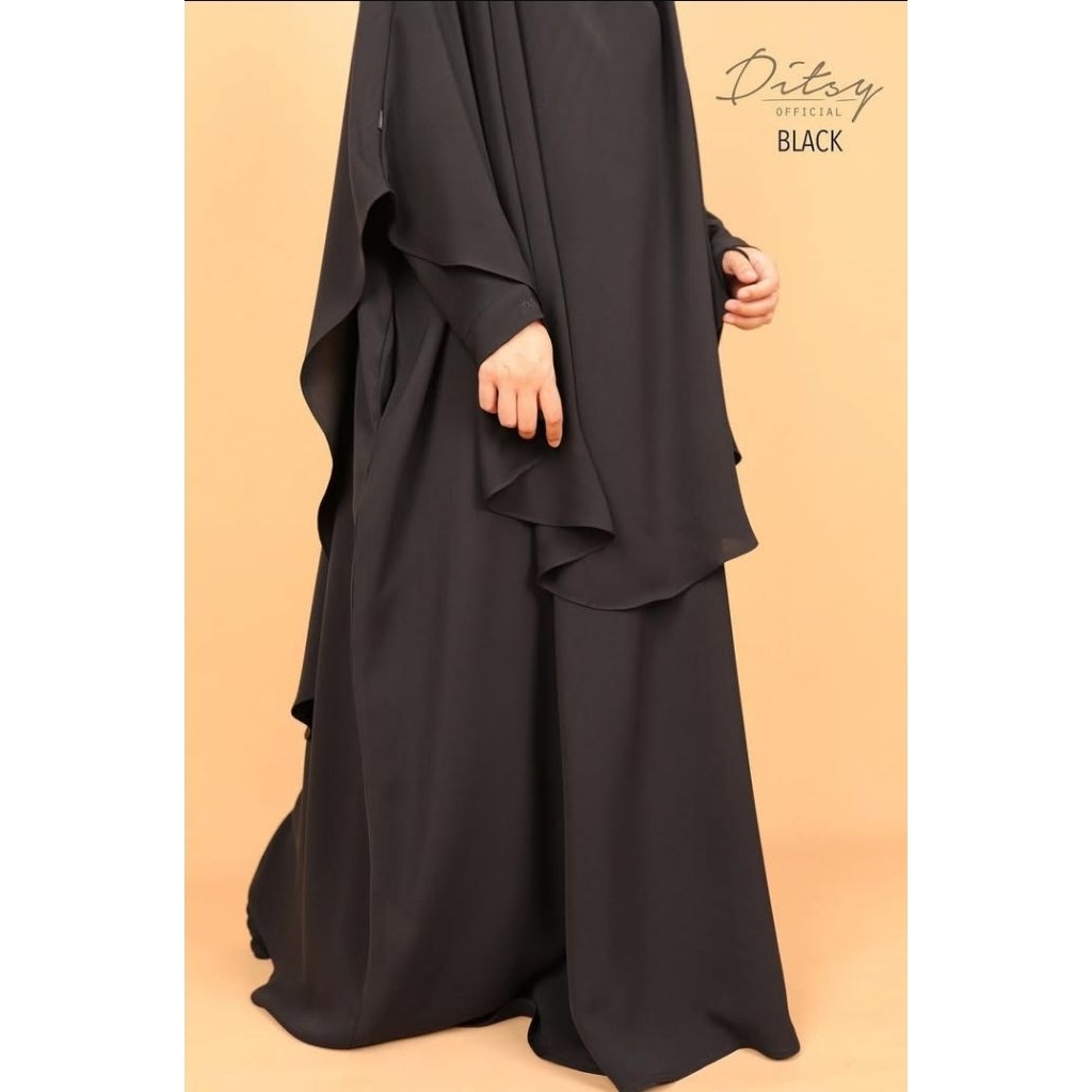 (PRELOVED) SET WAAFA ABAYA BORDIR DITSY BLACK MAZEN SIZE XL + FK LONG SHADEEYA BLACK MAZEN