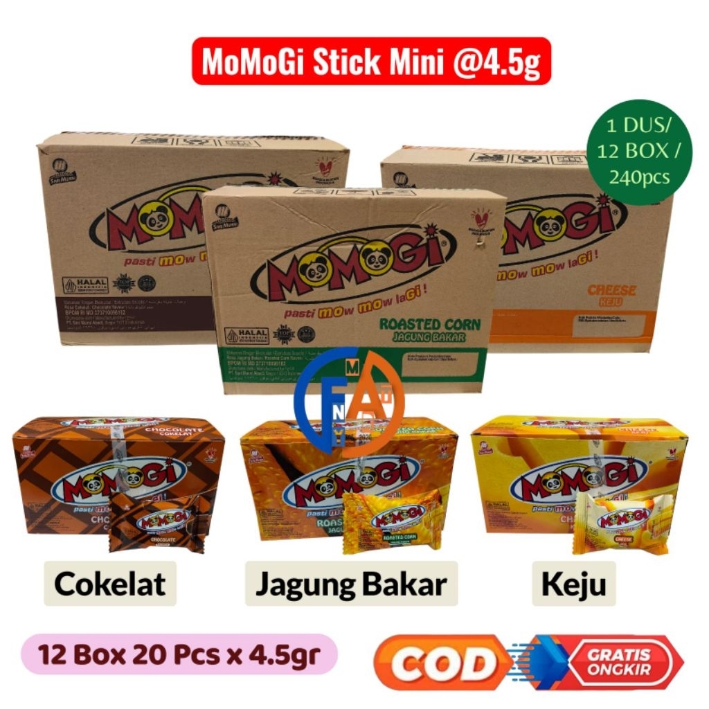 ( 1 KARTON / 12BOX / 240 pcs ) MoMoGi snack Stick MINI Keju Cokelat Jagung Bakar 4.5g x 20pcs x 12bo