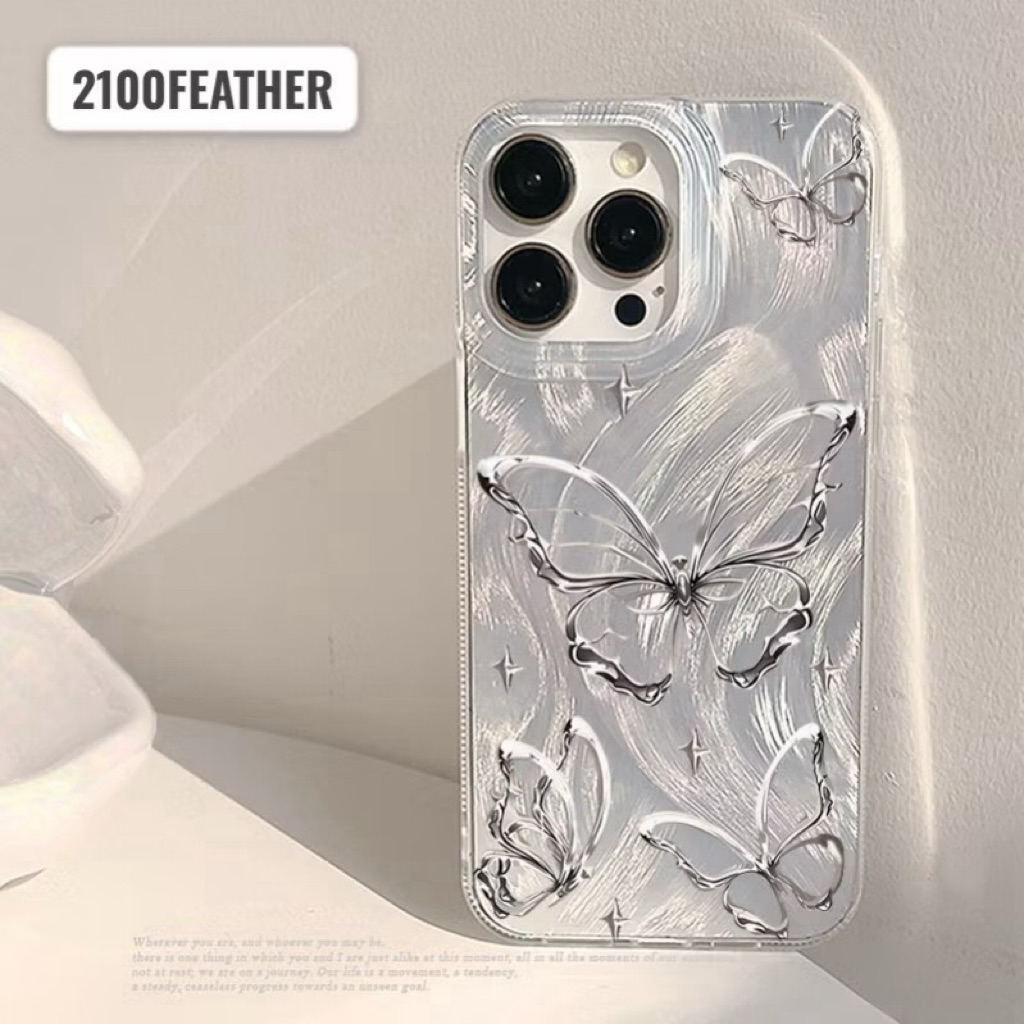 case iphone Samsung oppo redmi realme casing Charming Butterfly Aura Case (Silver 2100FEATHER Metall